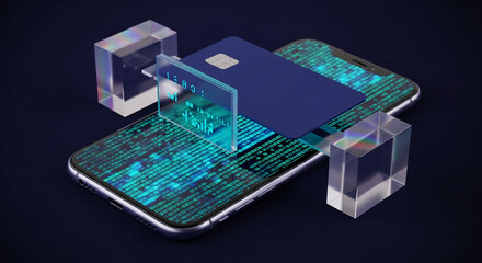 Obraz premium Smartphone displaying code, credit card, and glass cubes; showcasing digital payment security and online transaction concept