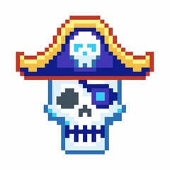 Fototapeta premium Pixel art pirate skull with eyepatch and tricorn hat retro skeleton head, pirate emblem or mascot illustration
