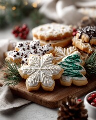 Fototapeta premium Assorted christmas cookies decorated with icing and sprinkles on a wooden board.