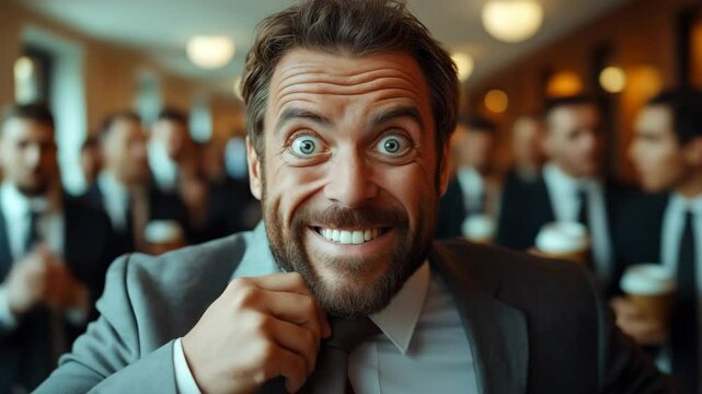 Bearded Caucasian businessman with exaggerated shocked expression at corporate event &mdash; energetic video in warm office lighting, perfect for finance ads, memes, business humor, and social media stories