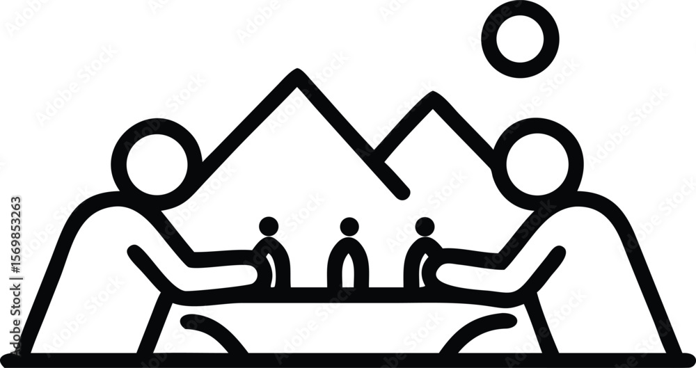Poster two figures seated at a table with three smaller figures mountains and a sun icon simple black line 