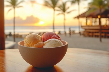 Sundown scoops of ice cream on a wooden table.