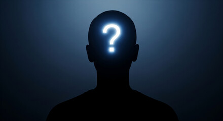 Silhouette of head with glowing question mark inside, dark blue background, representing uncertainty, mystery, or questioning, ideal for concepts related to inquiry or problem-solving