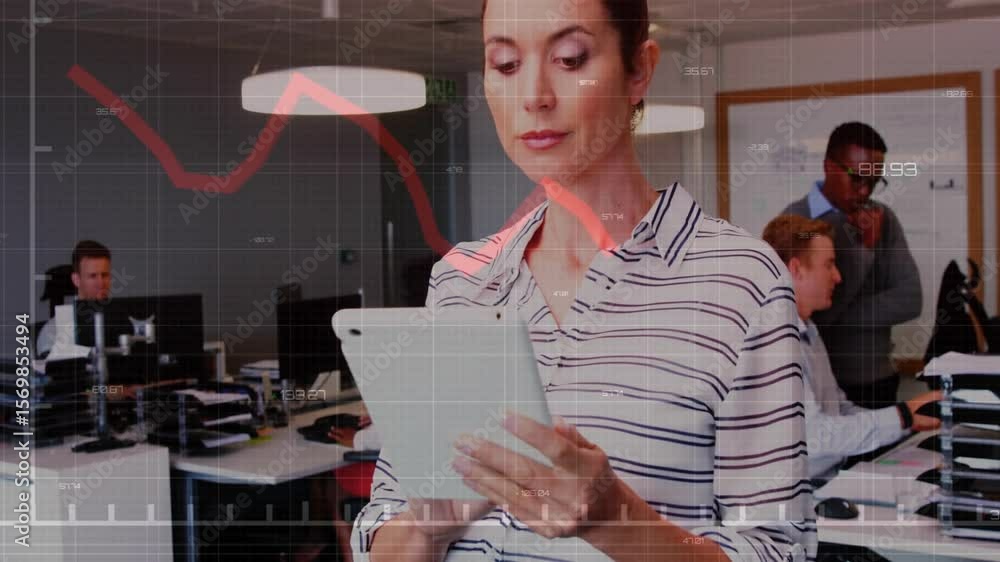 Poster woman lifting tablet in office analyzing data with colleagues, generating pulsing red graph overlay