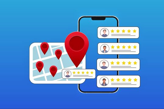 Local SEO. Local seo marketing based on customer ratings and reviews. Regional listings with maps, red pins, and star ratings for nearby places. 2D animation video clip