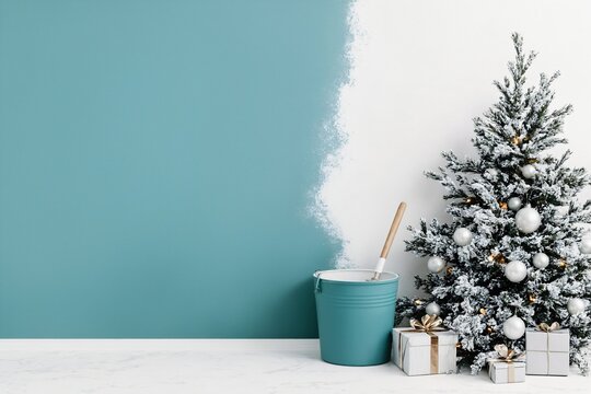 Christmas wall painting renovation. New year winter interior with snow fir tree gifts and paint bucket