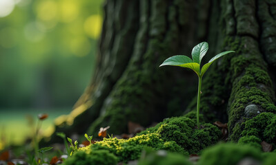 A Large, Mature Tree and a Small Sapling Growing Next to It, with an Ultra-Sharp Focus on a Single New Leaf on the Sapling