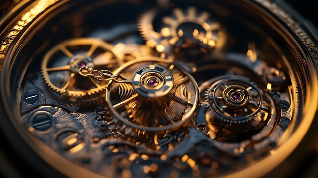 The intricate inner workings of a vintage gold watch reveal a complex network of gears and jewels, showcasing precision enginee and timeless craftsmanship.