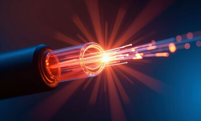 A Macro Shot of a Fiber Optic Cable End with an Ultra-Sharp Focus on a Single Point of Intensely Colored Light