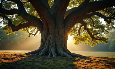 A Majestic, Ancient Oak Tree, Symbolizing Parenthood, with an Ultra-Sharp Focus on the Deep, Gnarled Texture of its Bark Near the Roots