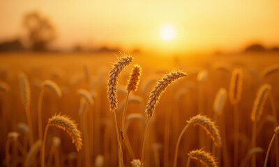 A Vast Field of Golden Wheat at Sunset, Swaying Gently, with an Ultra-Sharp Focus on a Few Stalks in the Foreground