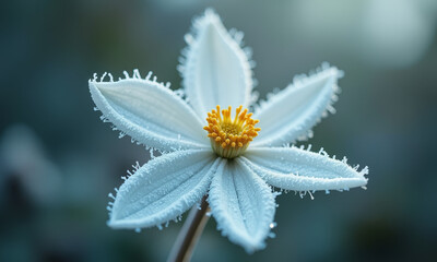 A Single, Perfect Edelweiss Flower, its Felt-Like Petals Covered in Tiny, Crystalline Frost, with an Ultra-Sharp Focus on One Delicate, Star-Shaped Petal