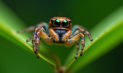 A Colorful Jumping Spider (Phidippus audax) Mid-Leap Between Two Green Leaves, with an Ultra-Sharp Focus on its Large, Forward-Facing Eyes