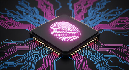 Pink fingerprint on black microchip, surrounded by blue and pink circuit board, showcasing digital security and biometric technology
