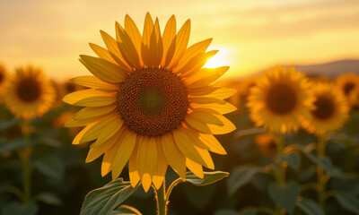 A Single, Large Sunflower in a Field, Facing the Setting Sun, with an Ultra-Sharp Focus on the Intricate Spiral Pattern of Seeds in its Center