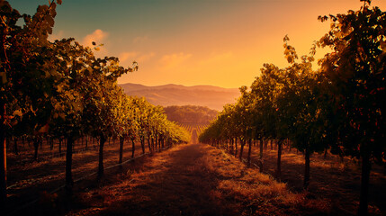Vineyard at Sunset with Glowing Vines