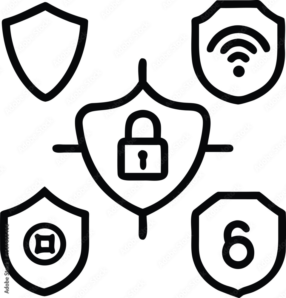 Poster black and white icon graphic of five shields with security symbols wifi lock number six and square v