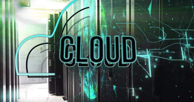 Grid appearing globe rotating amid racks letters forming CLOUD animating outline representing cloud