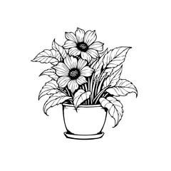 Elegant potted flowers line art drawing showcasing intricate details and botanical beauty for simple illustration
