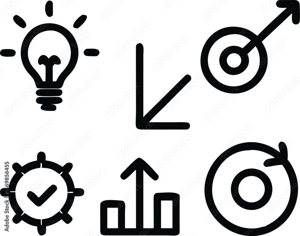 Poster black and white hand drawn business icons set idea target goal check mark graph cycle progress up do