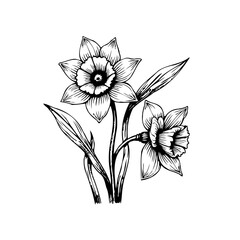 Elegant daffodil blossoms line art illustration: A delicate botanical illustration of spring flower for decorative design
