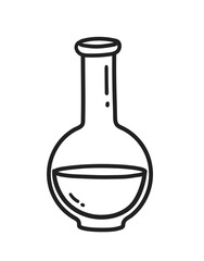 Vector minimal line art isolated illustration of a round bottom lab flask in black and white.