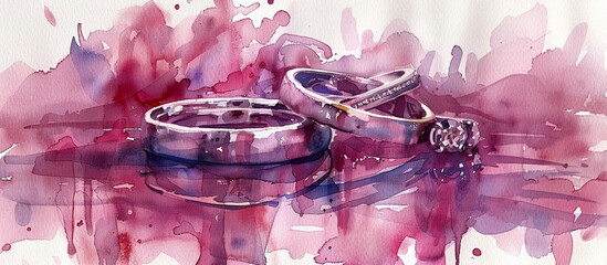 Wedding rings on reflective surface, pink watercolor background