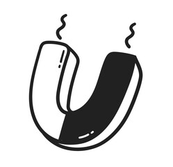 Vector minimal line art isolated illustration of a U-shaped horseshoe magnet with magnetic lines in black and white.