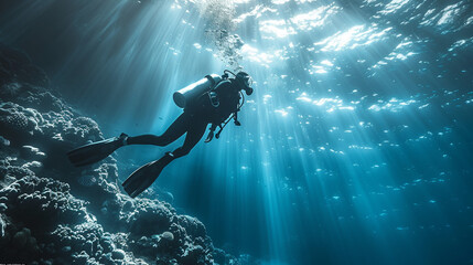 Scuba diver explores sunlit coral reef in blue ocean depths