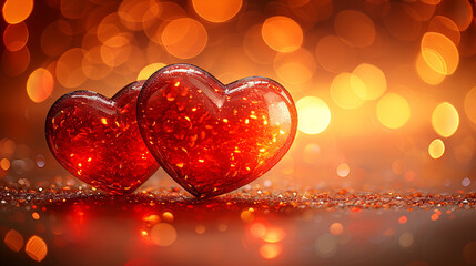 Two glittering hearts on sparkling surface with bokeh background for romantic designs