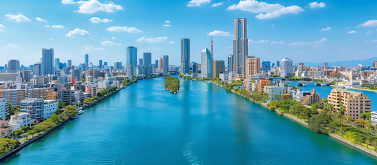 Tokyo cityscape, river, skyscrapers, blue sky, sunny day
