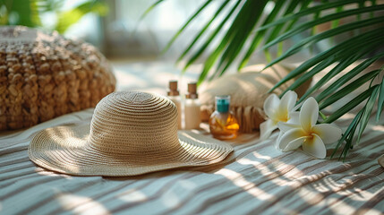 Sun hat, skincare, flowers on beach towel under palm leaves
