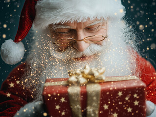 Santa claus with a gift. Close-up. Christmas background.