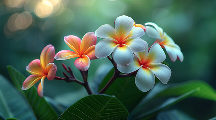 Tropical flowers bloom in lush garden with bokeh background