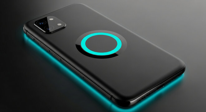 Black smartphone with triple camera and glowing cyan wireless charging circle, showcased on dark background, symbolizing modern technology and seamless charging