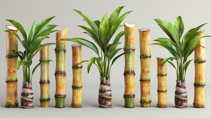 Sugarcane stalks and plants on plain background for farm, food, biofuel themes
