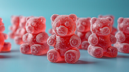 Sugary gummy bears on blue, one in focus