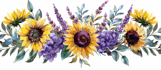 Sunflower, lavender bouquet on white, invitation design