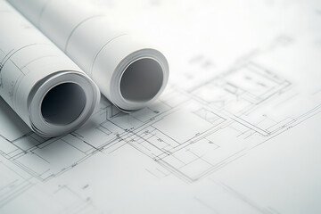 Architectural blueprints and drawings on a white background, a construction design concept, a close-up view of architectural drawing paper with two rolls of blueprint papers on top