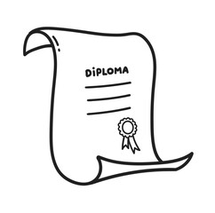 Vector minimal line art isolated illustration of a diploma certificate scroll with ribbon seal in black and white.