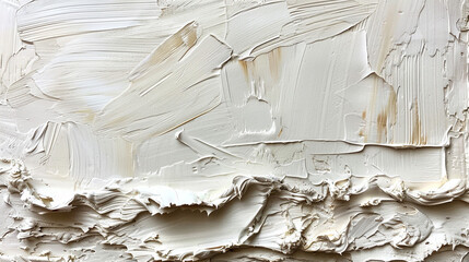 Thick white and beige paint strokes on canvas texture background