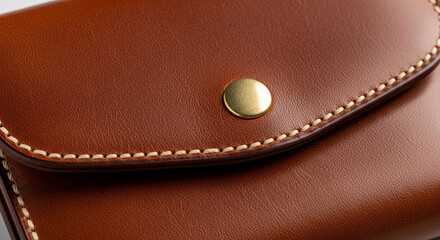 Close-up of brown leather texture with beige stitching and brass button, showcasing detail and craftsmanship, representative of quality and luxury goods