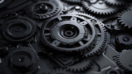 Detailed close up of intricate interlocking gears and cogs, creating a complex mechanical system with depth and precision in a monochromatic industrial aesthetic.