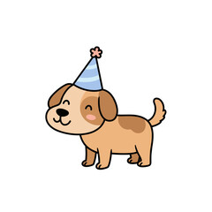 Obraz premium Happy dog wearing a blue party hat, vector icon, cute design, festive theme