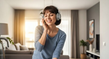 Woman with headphones listening to music in a living room with natural light and modern decor design elements