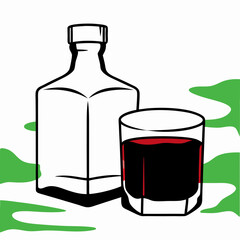 Dark Liquor Bottle and Glass Illustration