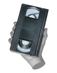 Woman hand holds a retro old analog video cassette, isolated on transparent background, retro...