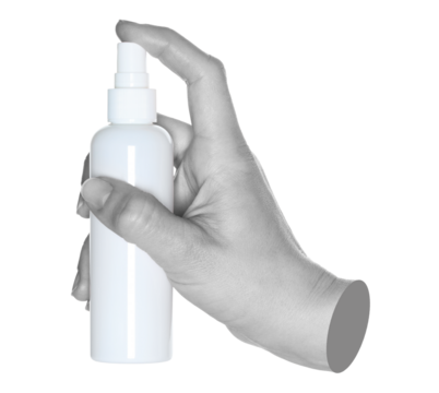 Woman hands holding a white spray bottle, isolated on white background close-up, template for cosmetics ads. Contemporary art - Powered by Adobe