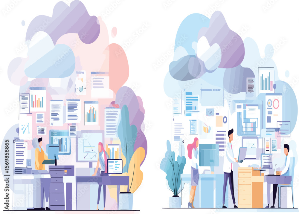 Poster innovative business cloud data management and analytics platform concept with collaborating office e