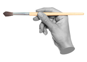 Woman hand holds paint brush, isolated on transparent background, painting and design concept....